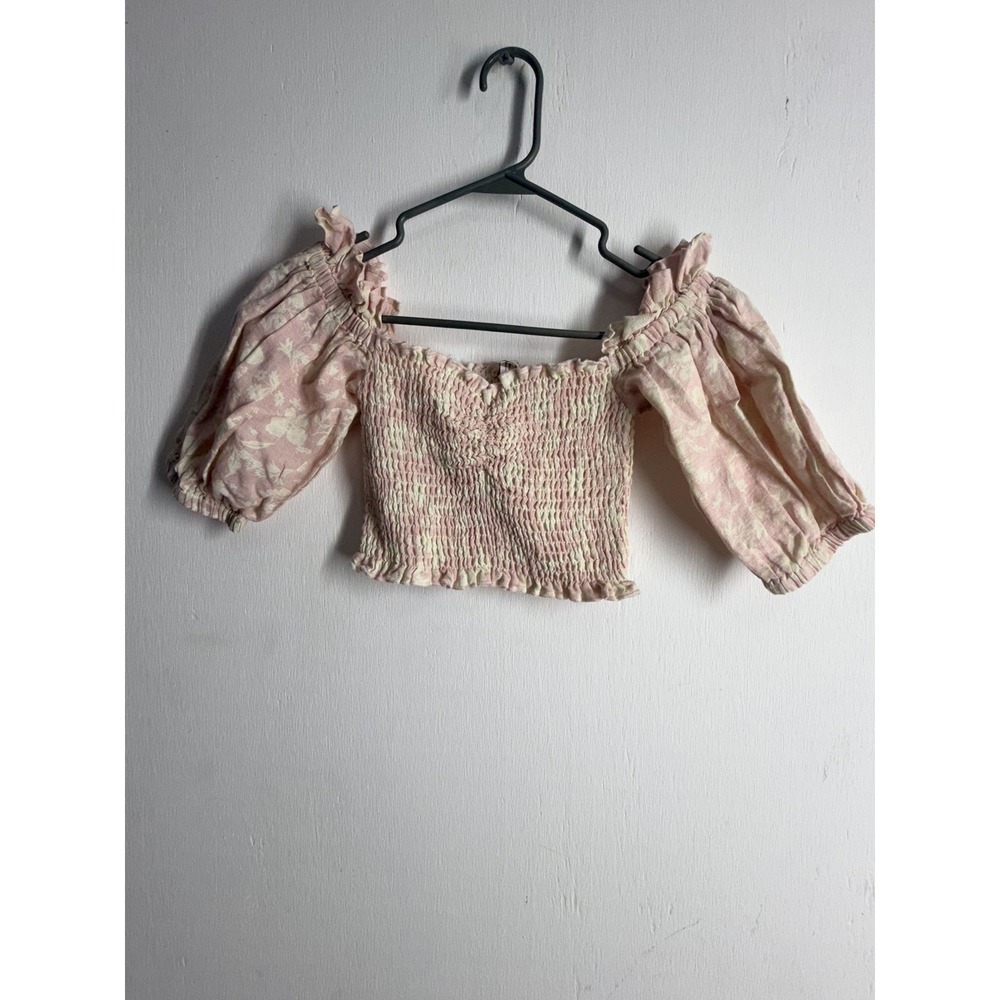Winston White Pink Floral Smocked Linen Off-Shoulder Puff Sleeve Crop Top XS
